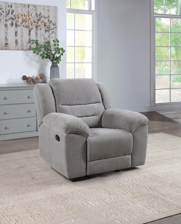  designed to provide a laid-back and comfortable seating option. Wrapped in soft textured grey chenille fabric