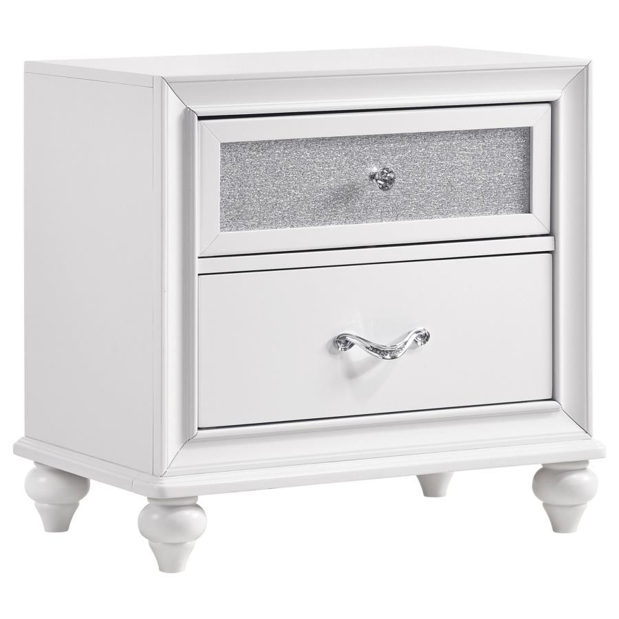 Bring a bit of glam and glitz into your personal space. This gorgeous, white nightstand is embellished with touches of sparkle to add a pop of pizzazz to any bedroom. The faceted crystal hardware glistens and gleams. The glittery acrylic panels sparkle an