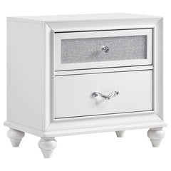 Bring a bit of glam and glitz into your personal space. This gorgeous, white nightstand is embellished with touches of sparkle to add a pop of pizzazz to any bedroom. The faceted crystal hardware glistens and gleams. The glittery acrylic panels sparkle an