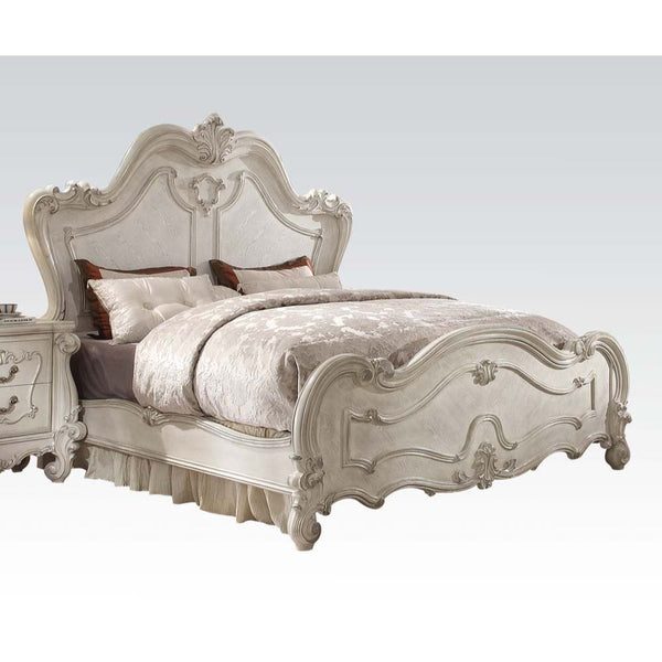 Sleeping like royalty with this Versailles, the bedroom set was inspired by old European design. This collection features carved scrollwork accent on headboard. The accent pieces crafted in wood with bone white finish and also included regal features such