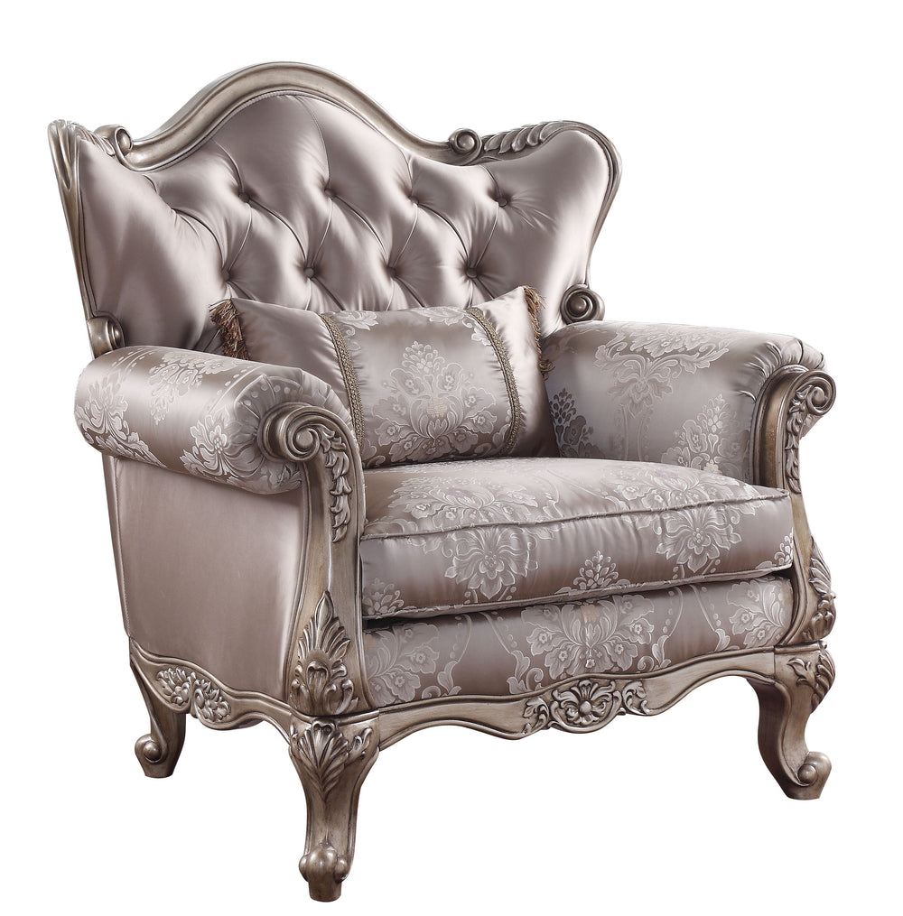 KD Leg, Tight Back & Loose Seat Cushion (1+1) 2 Pillows Included, Buttonless Tufted, Scrolled Floral Molding Trim CONSTRUCTION: [sc]