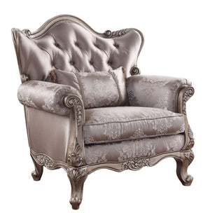 KD Leg, Tight Back & Loose Seat Cushion (1+1) 2 Pillows Included, Buttonless Tufted, Scrolled Floral Molding Trim CONSTRUCTION: [sc]