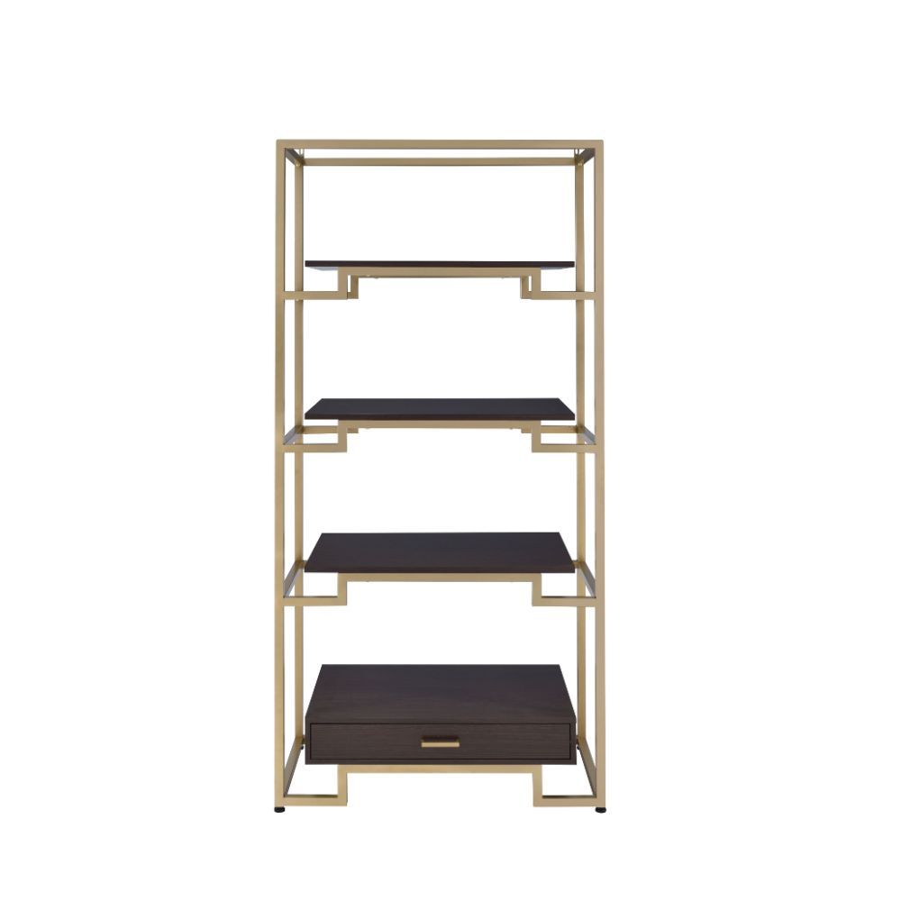Featuring a modern and elegant design, the Yumia bookcase is an ideal option to place in your living room or study room. 1 drawer at the bottom and 4 shelves suspended between glass sides makes for an interesting book case. The gold finish and the clear g