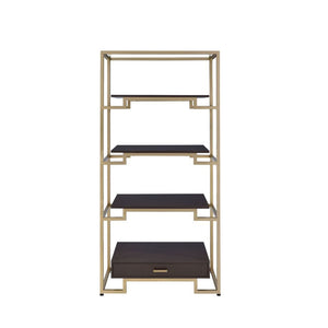  the Yumia bookcase is an ideal option to place in your living room or study room. 1 drawer at the bottom and 4 shelves suspended between glass sides makes for an interesting book case. The gold finish and the clear g