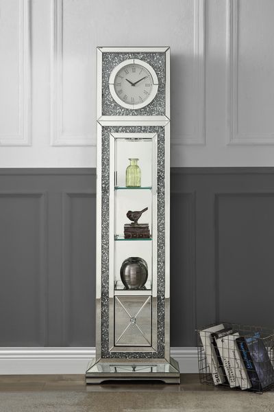 Assembled<br/><br/><b>Product Features</b><ul><li>Grandfather Clock</li><li>Standing Flat Wall</li><li>Storage: 3 Tier Shelf & 1 Storage Drawer</li><li>Beveled Mirrored Case-Frame with Faux Diamonds & Clear Glass Inlay</li><li>Clock Dial: Roman Numerals</