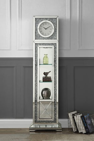 Assembled<br/><br/><b>Product Features</b><ul><li>Grandfather Clock</li><li>Standing Flat Wall</li><li>Storage: 3 Tier Shelf & 1 Storage Drawer</li><li>Beveled Mirrored Case-Frame with Faux Diamonds & Clear Glass Inlay</li><li>Clock Dial: Roman Numerals</