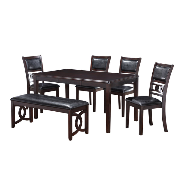 The New Classic Gia 6-Piece Wood Rectangle Dining Set is crafted from solid Rubberwood and Mindi veneers for a perfect blend of durability and aesthetic appeal. The dark ebony finish, achieved through a meticulous multistep process and clear coat, accentu