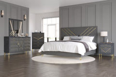 Transform your space with the Symmetry 5-Piece Bedroom Set - Gray. This set includes an upholstered panel bed, dresser, mirror, and two nightstands, blending luxury and function. Premium woods with a gray marble laminate exude elegance, while gold metal a