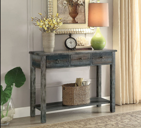The Glancio console tables in antique white & teal finish will be perfect addition to any vintage home Decor. Not only great in design, this occasional pieces also provides spacious storage function with 3 drawers and bottom shelf.<br/><br/><b>Product Fea