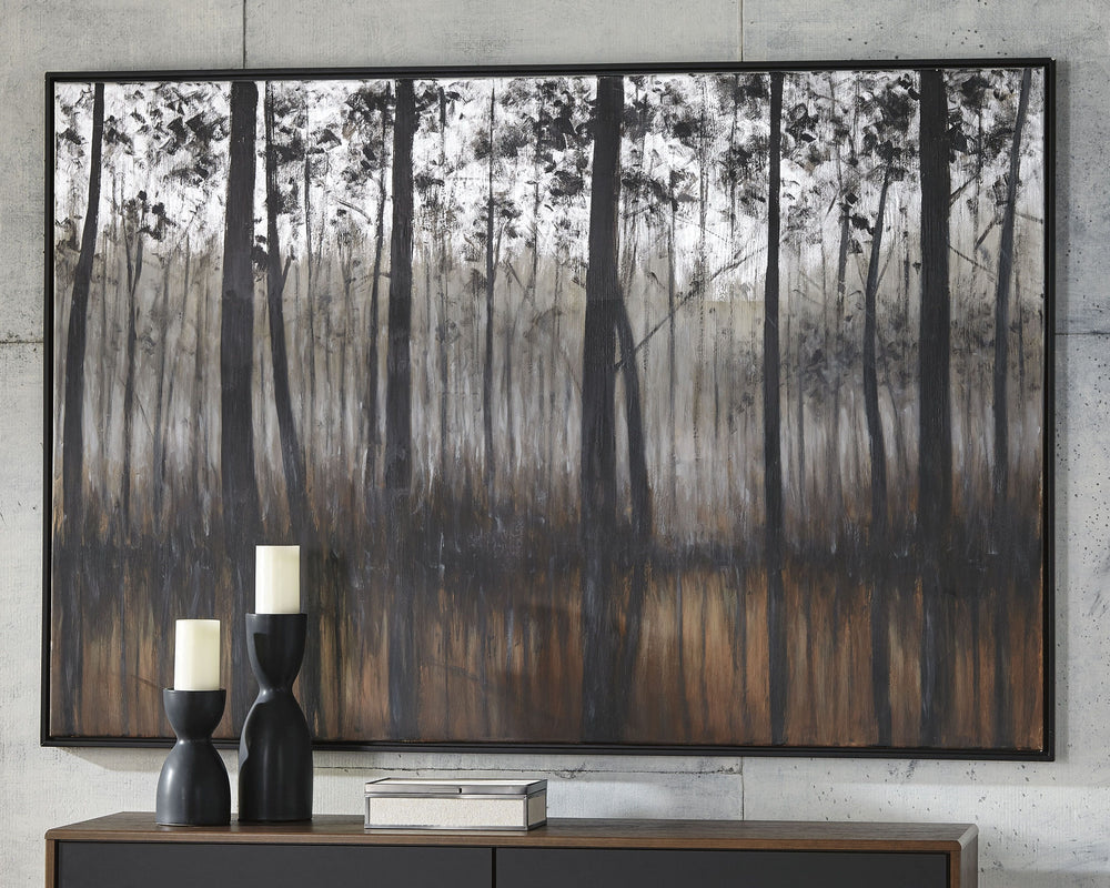 A mystery of trees captures our gaze in this textured wall art. Silver tinted trees reflect beautifully in an orange body of water. Hand-painted nature of the piece makes each one a unique work of art.<br/><br/><b>Product Features</b><ul><li>Framed galler