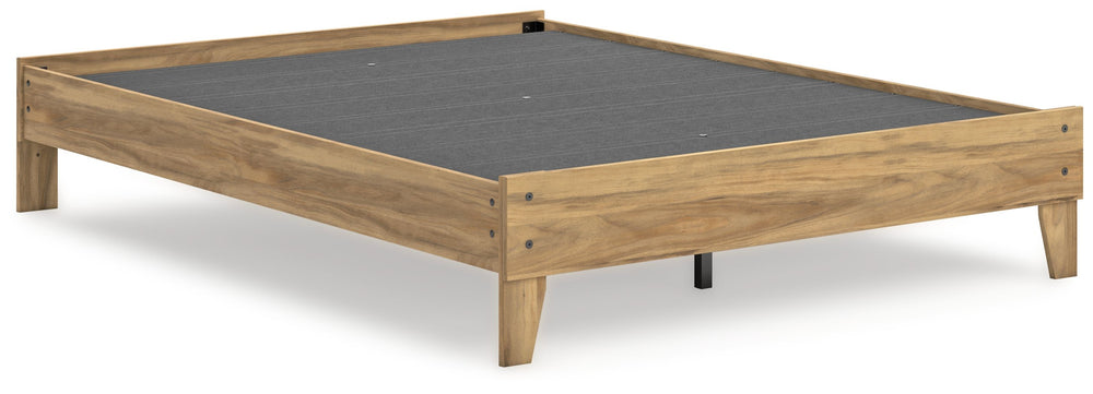 This queen platform bed puts the dream of a casual bedroom retreat beautifully within budget. A warm light brown finish over replicated hickory grain exudes a homey vibe. Itâ€™s a simply relaxed way to achieve the sanctuary of your dreams without needing 