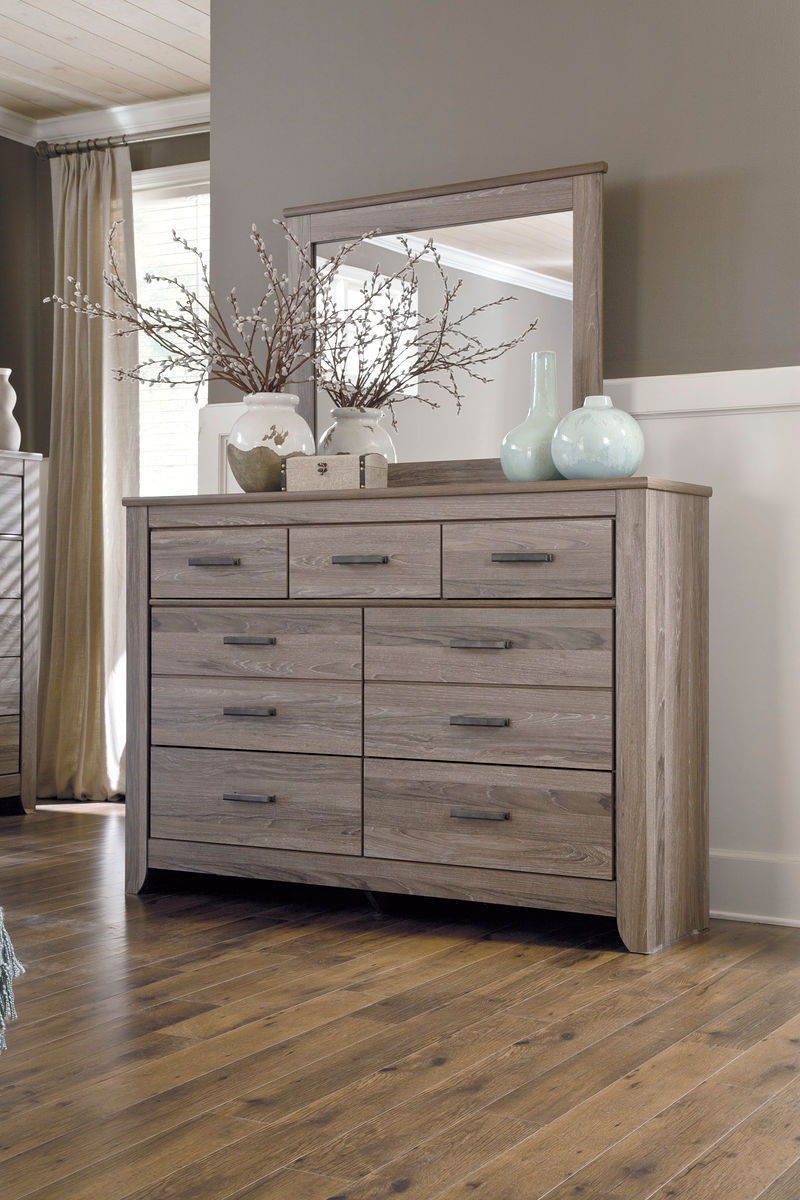 Zelen - Warm Gray - 8 Pc. - Dresser, Mirror, Chest, Queen Panel Bed, 2 Nightstands