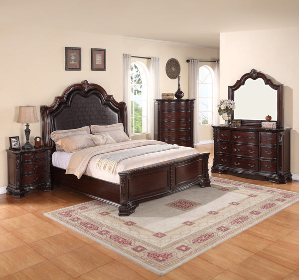 Featuring the epitome of grandeur and sophistication, this bedroom ensemble exudes a timeless charm that instantly elevates the aesthetics of any sleeping quarters. Anchored by a majestic bed with an intricately designed, high-back headboard upholstered i