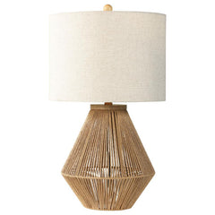 This lamp blends natural textures with modern design to create a stylish and versatile lighting solution. Featuring a woven rope base with a geometric silhouette, it adds a touch of organic charm to any space. The neutral fabric drum shade diffuses light 