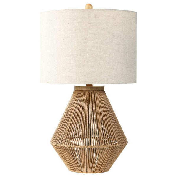 This lamp blends natural textures with modern design to create a stylish and versatile lighting solution. Featuring a woven rope base with a geometric silhouette, it adds a touch of organic charm to any space. The neutral fabric drum shade diffuses light 