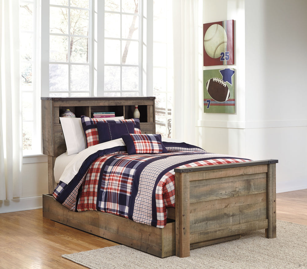 Whether she loves horses or he-'s a cowboy at heart, this twin bookcase bed with under bed storage matches their authenticity. Its rustic finish, plank-style details and nailhead trim pay homage to reclaimed barn wood, making for a chic look loaded with c