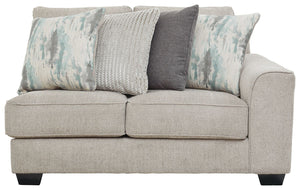 This right-arm facing loveseat is made with polyester upholstery. Pairs with other items in the series to make a sectional.<br><br><b>Additional Dimensions</b><br><ul><li>Arm height: 25-"</li><li>Leg height: 3-"</li><li>Minimum width of doorway for delive