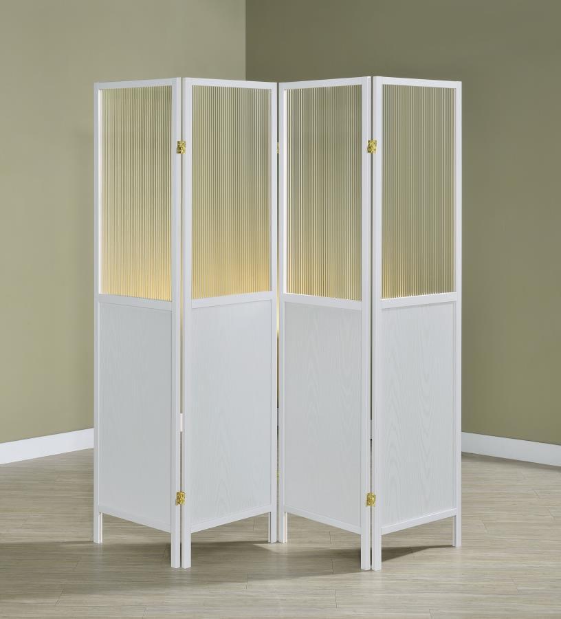 Create the perfect sense of division in your open living space with a transitional four-panel room divider. The freestanding piece offers four tall panels, each divided with a semi-opaque top section that allows light to pass through. The panels are ideal