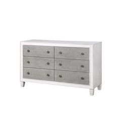 The Katia collection is perfect for creating a modern rustic or farmhouse aesthetic. Merging old and new design features and finishes. The bed features a channel-tufted headboard and footboard in gray linen that pops against the white frame. The case good