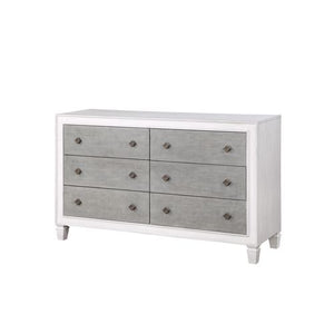 The Katia collection is perfect for creating a modern rustic or farmhouse aesthetic. Merging old and new design features and finishes. The bed features a channel-tufted headboard and footboard in gray linen that pops against the white frame. The case good