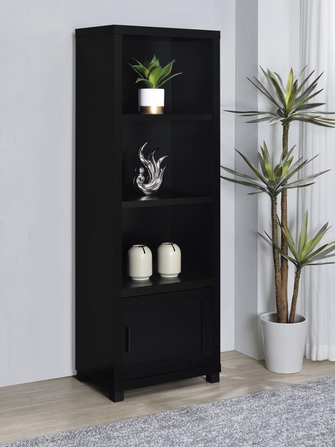 Immerse yourself in the sleek sophistication of this media tower bookcase, a beacon of organization and style. With three tiers of shelving, it presents a stage for your cherished books and collectibles, turning clutter into a curated display. Below, a si