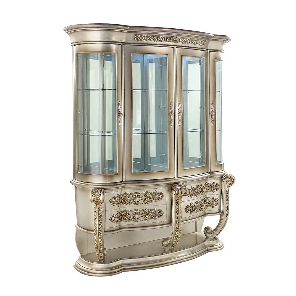 Making dining a celebrated event again. Creating a grand statement has never been easier. Bringing glamour to any dining experience with its antique silver and gold finish and its many decorative touches, including a decorative base and drawer fronts. Dis