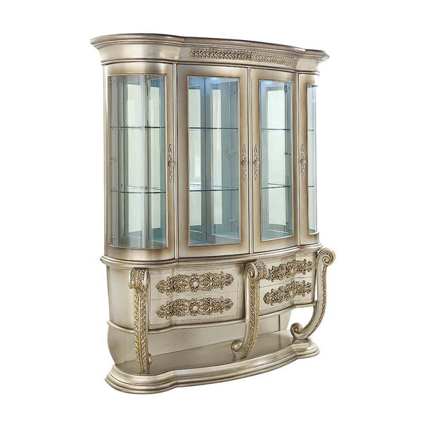 Making dining a celebrated event again. Creating a grand statement has never been easier. Bringing glamour to any dining experience with its antique silver and gold finish and its many decorative touches, including a decorative base and drawer fronts. Dis