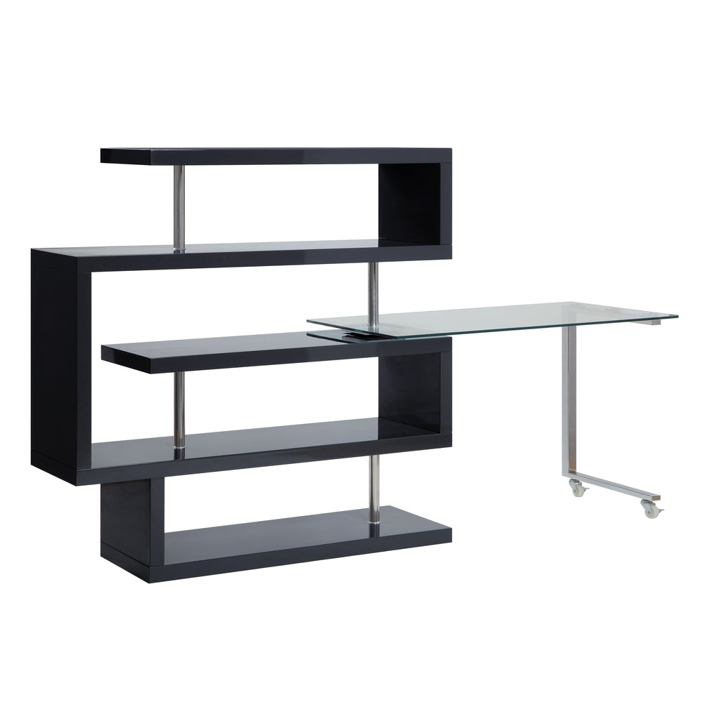 Writing Desk w/Swivel Function 360 Open Storage: 4 Shelves Clear Glass Desk Top High Gloss Finish 2 Wheels Included<br/><br/><b>Product Features</b><ul><li>riting Desk w/Swivel Function 360â°â€§ Open Storage: 4 Shelves â€§ Clear Glass Desk Topâ€§ High Gl