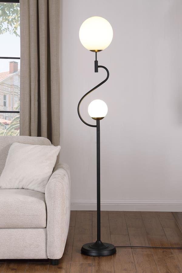  it offers an eye-catching profile with two orb shades made from white glass. They-'re nestled in an S-curve framework to bring playful energy to your space. The li