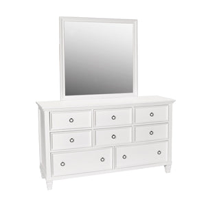 The Tamarack 8 Drawer Dresser and Mirror in white is a perfect blend of durability and elegance. Crafted with a combination of solid poplar, basswood veneers, and eco-friendly manufactured wood, this set ensures strength and long-lasting durability. Its v