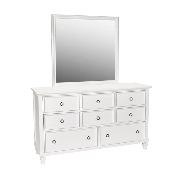 The Tamarack 8 Drawer Dresser and Mirror in white is a perfect blend of durability and elegance. Crafted with a combination of solid poplar, basswood veneers, and eco-friendly manufactured wood, this set ensures strength and long-lasting durability. Its v