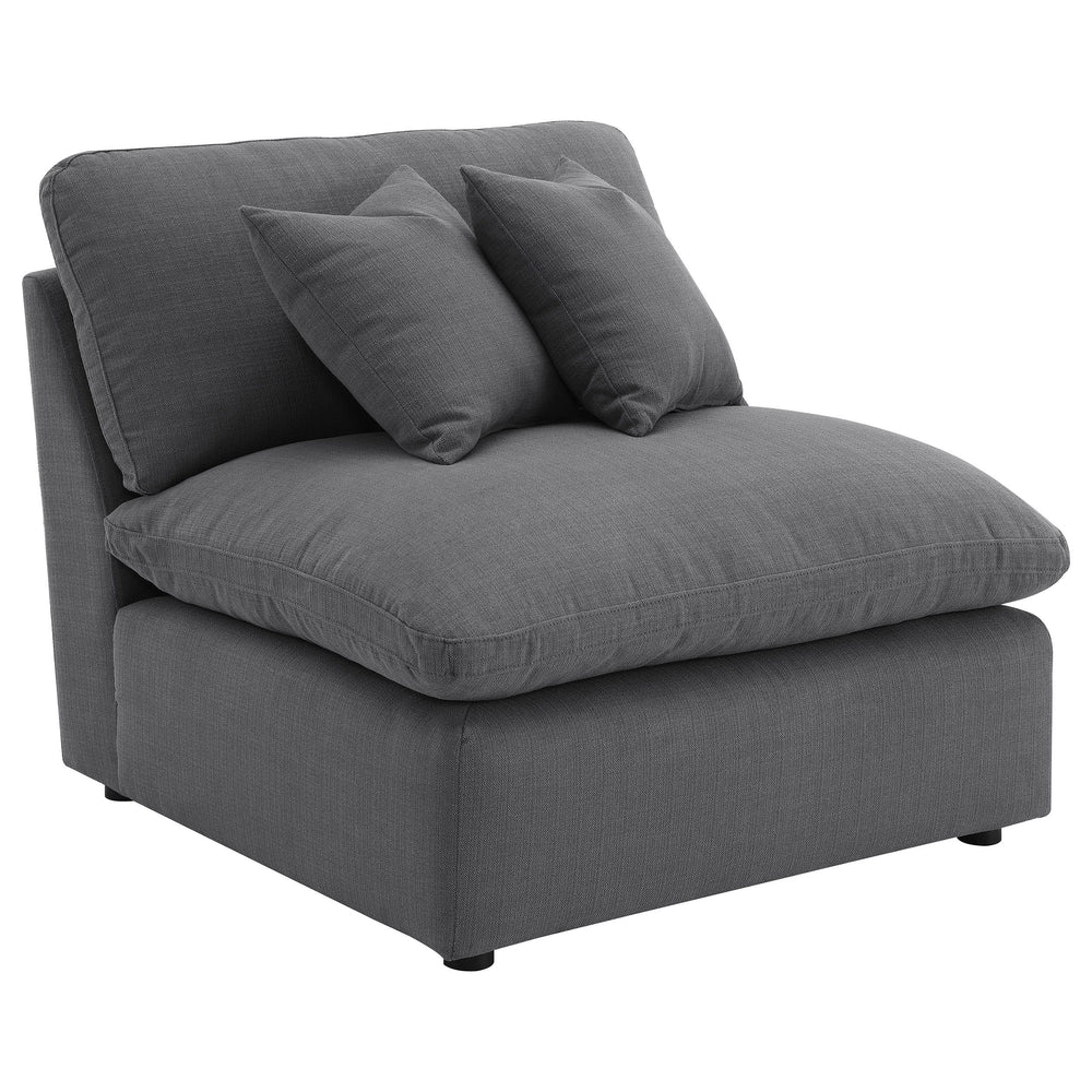 Expand your seating options with this versatile armless chair, designed to be a key component of your modular sectional or as a standalone piece. Upholstered in a rich, charcoal grey performance fabric, this chair offers both style and comfort, with plush