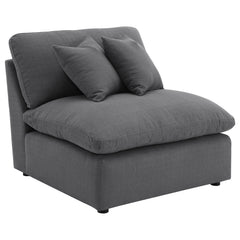 Expand your seating options with this versatile armless chair, designed to be a key component of your modular sectional or as a standalone piece. Upholstered in a rich, charcoal grey performance fabric, this chair offers both style and comfort, with plush