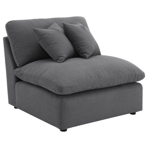 Expand your seating options with this versatile armless chair, designed to be a key component of your modular sectional or as a standalone piece. Upholstered in a rich, charcoal grey performance fabric, this chair offers both style and comfort, with plush