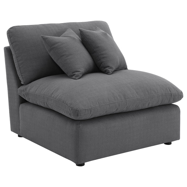 Expand your seating options with this versatile armless chair, designed to be a key component of your modular sectional or as a standalone piece. Upholstered in a rich, charcoal grey performance fabric, this chair offers both style and comfort, with plush