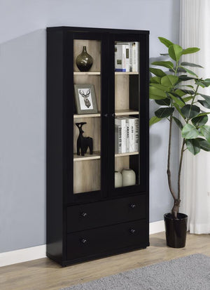  the cabinet features wood framed glass doors. They open 