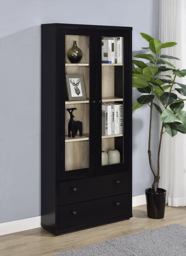  the cabinet features wood framed glass doors. They open 