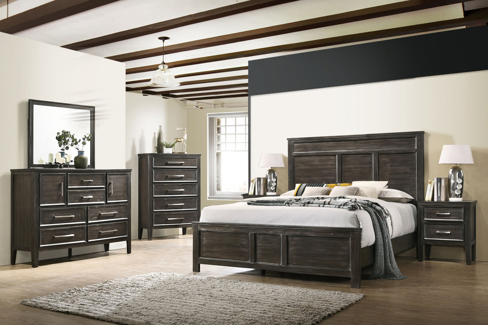 The Andover Wood 6-Piece Bedroom Set in Nutmeg Brown offers a comprehensive and stylish solution for your bedroom, combining durability, functionality, and timeless design. This set includes a Panel Bed, Dresser, Mirror, two Nightstands, and a Chest, all 