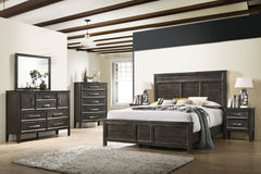 The Andover Wood 6-Piece Bedroom Set in Nutmeg Brown offers a comprehensive and stylish solution for your bedroom, combining durability, functionality, and timeless design. This set includes a Panel Bed, Dresser, Mirror, two Nightstands, and a Chest, all 