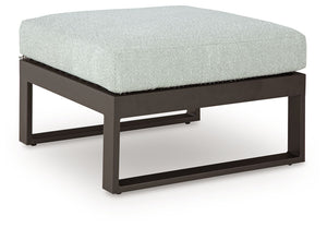 Sleek, contemporary style meets outdoor living in this ottoman. Its clean-lined black aluminum frame expertly balances good looks and longevity. And the enhanced UV resistance of Nuvella+â„¢ fabric keeps the cushion light and bright, weathering the season
