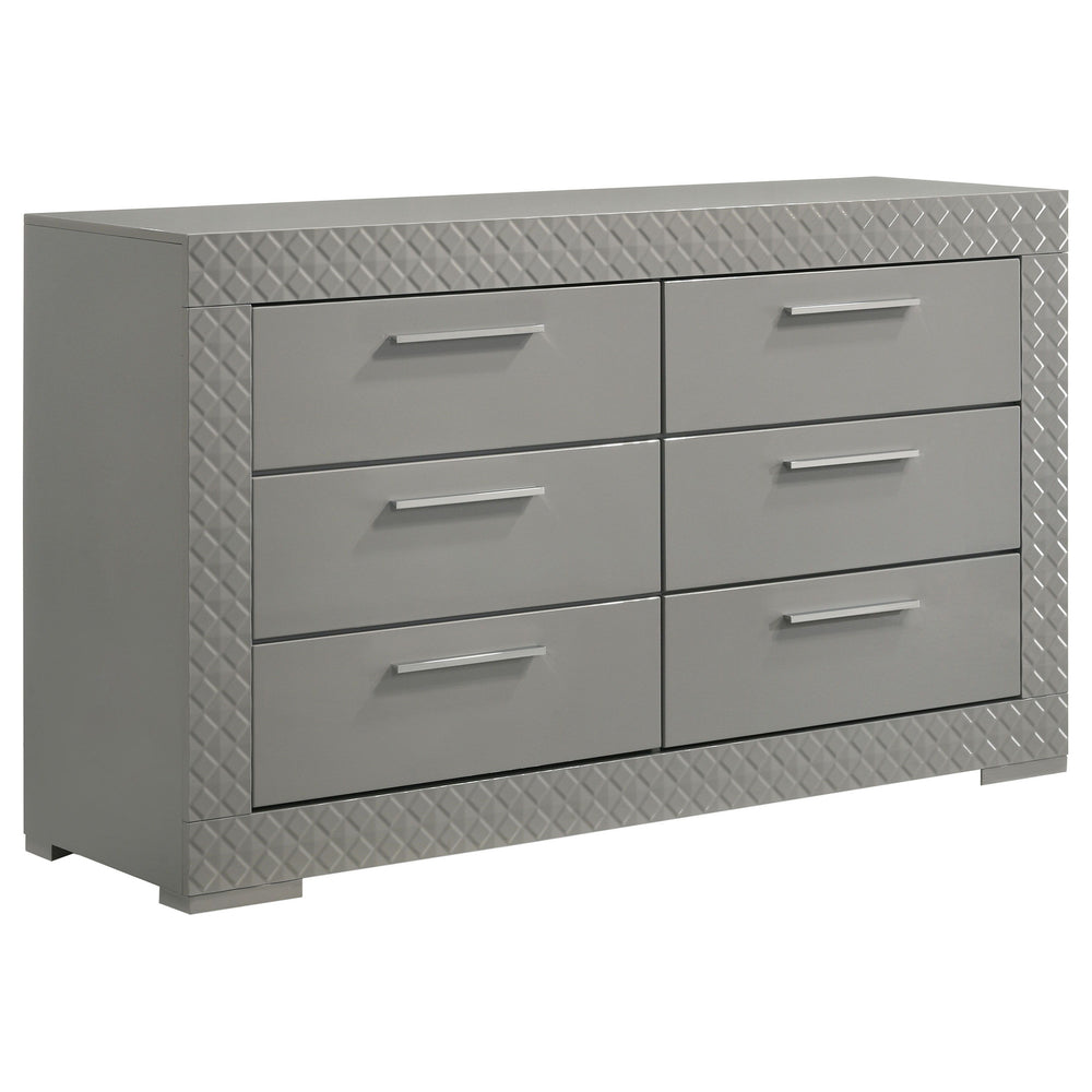 Elevate your bedroom decor with this stunning dresser, designed for both beauty and function. The high gloss finish enhances the contemporary Italian style, while the 3-dimensional diamond tile emboss adds a touch of sophistication. Six spacious drawers o