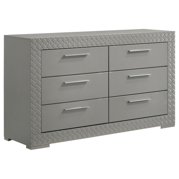 Elevate your bedroom decor with this stunning dresser, designed for both beauty and function. The high gloss finish enhances the contemporary Italian style, while the 3-dimensional diamond tile emboss adds a touch of sophistication. Six spacious drawers o