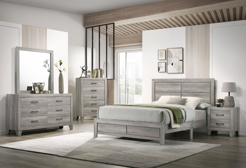 This bedroom set exudes a refreshing, contemporary charm with its light wood grain finish, embodying a serene and airy aesthetic. The bed is a minimalist-'s dream, with a simple yet stylish headboard that brings a sense of calm to the space. Accompanying 
