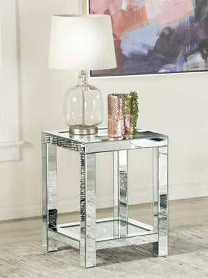  it exudes modern flair and timeless elegance. The sparkling acrylic jewel-encrusted bottom shelf enhances its chic