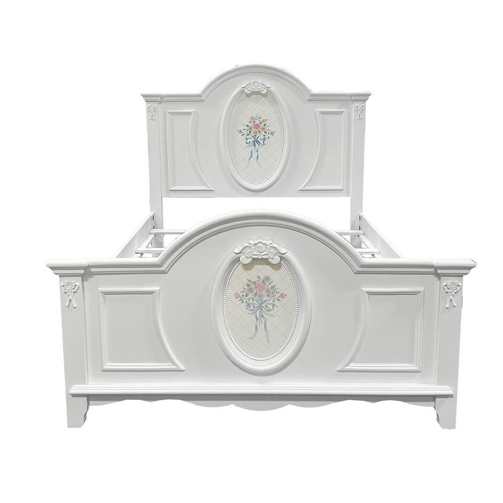Box Spring Required Panel Bed: Arched Headboard/Footboard Oval Rope Molding with floral motif decals Flora Collection: Poster Panel Beds Optional Trundle sold Separately