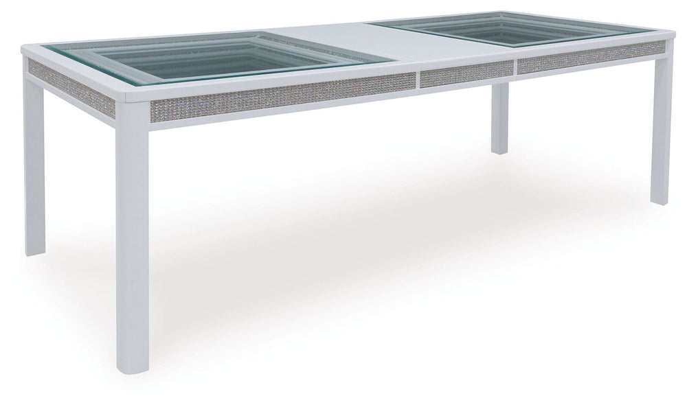 Embracing modern glamour, this extension table is a sparkling addition to your dining area. A bright white lacquer finish, shimmering rhinestone accents and clear glass panels give this table plenty of polish. Plus the drop-in leaf accommodates parties of