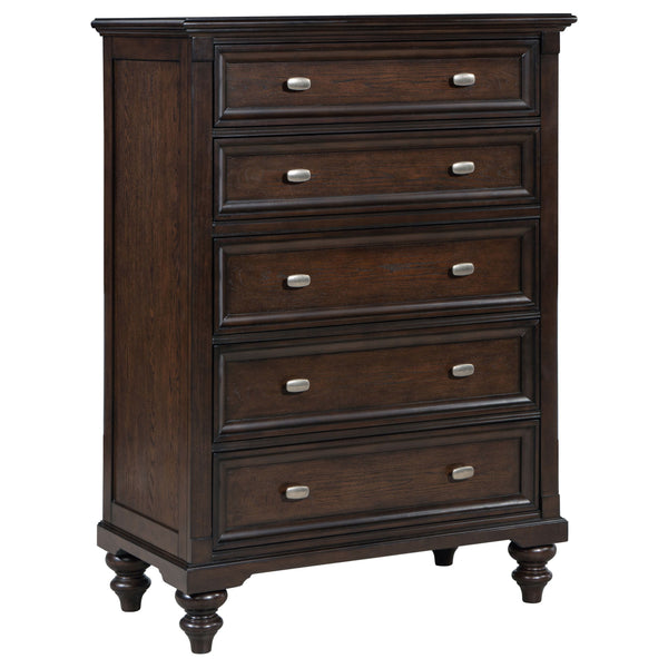 This five-drawer chest of drawers offers a classic design with plenty of storage space for your wardrobe. The dark oak finish highlights the rich texture of the wood, while the gunmetal hardware adds a subtle, modern contrast. Each drawer is fitted with m