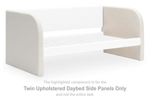 This set of twin upholstered daybed side panels is made with engineered wood (MDF/particleboard/plywood) and polyester upholstery. Pairs with other items in the series to make a bed kit.<br><br><b>Additional Dimensions</b><br><ul><li>Assembled twin bed: 0