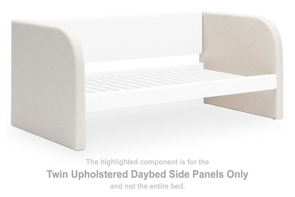 This set of twin upholstered daybed side panels is made with engineered wood (MDF/particleboard/plywood) and polyester upholstery. Pairs with other items in the series to make a bed kit.<br><br><b>Additional Dimensions</b><br><ul><li>Assembled twin bed: 0