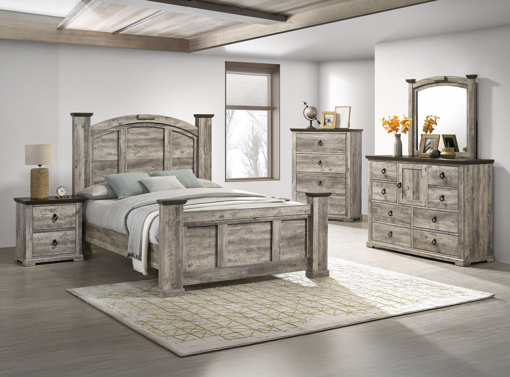 Immerse yourself in the rustic charm of this exquisite bedroom collection, where timeless design meets sophisticated craftsmanship. The set exudes a warm, weathered aesthetic that effortlessly complements any home decor, bringing an air of tranquil elegan
